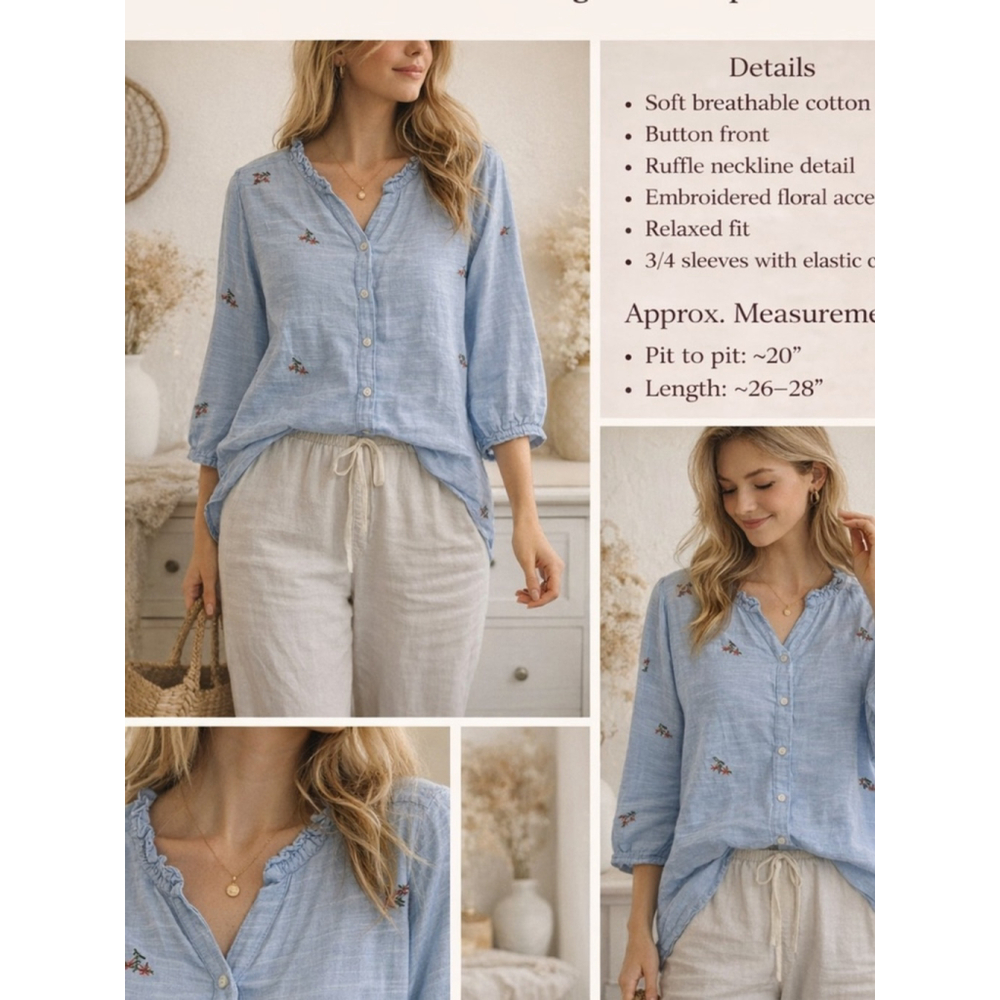 Blue Embroidered Cotton Blouse Relaxed Fit Boho Cottagecore Top
